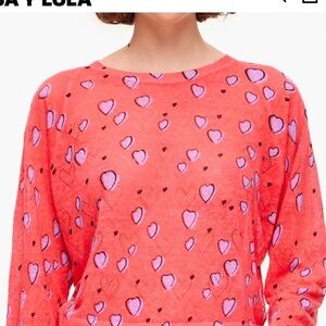 Bimba y lola RED SMALL HEART print LINEN SWEATER  top valentines puff sleeves